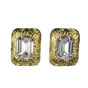 OLCI Clip On Earrings Goldtone Cabochon Chunky Vintage Rectangle Statement